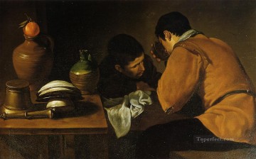 two boys singing Painting - Two Young Men at a Table Diego Velazquez